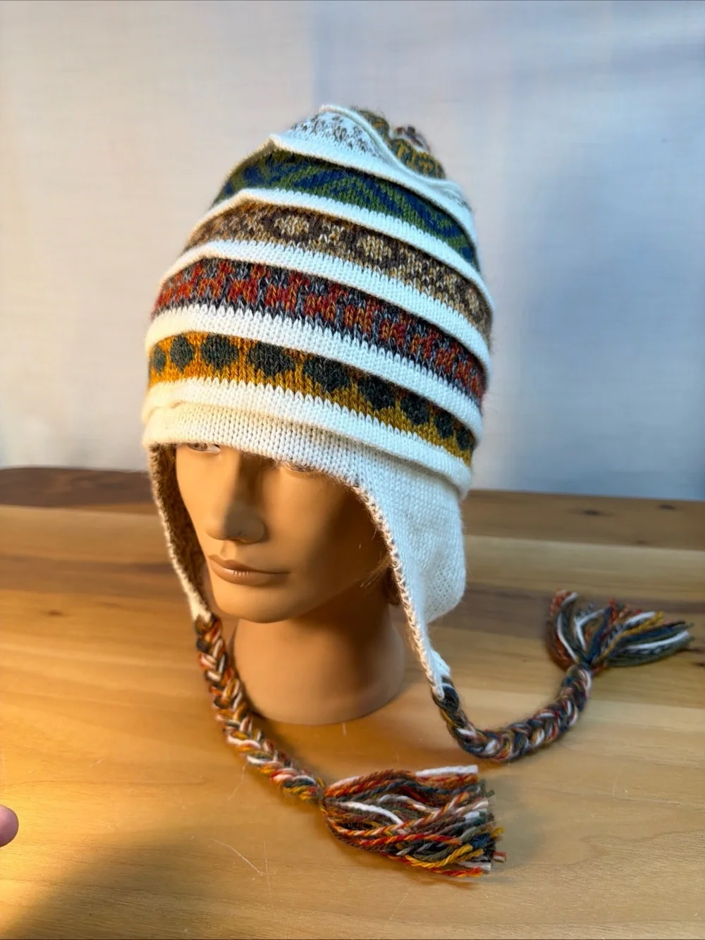 Soft Baby Alpaca Reversible Chullo Beanie Hat Beige Unisex Colorful Boho Peru